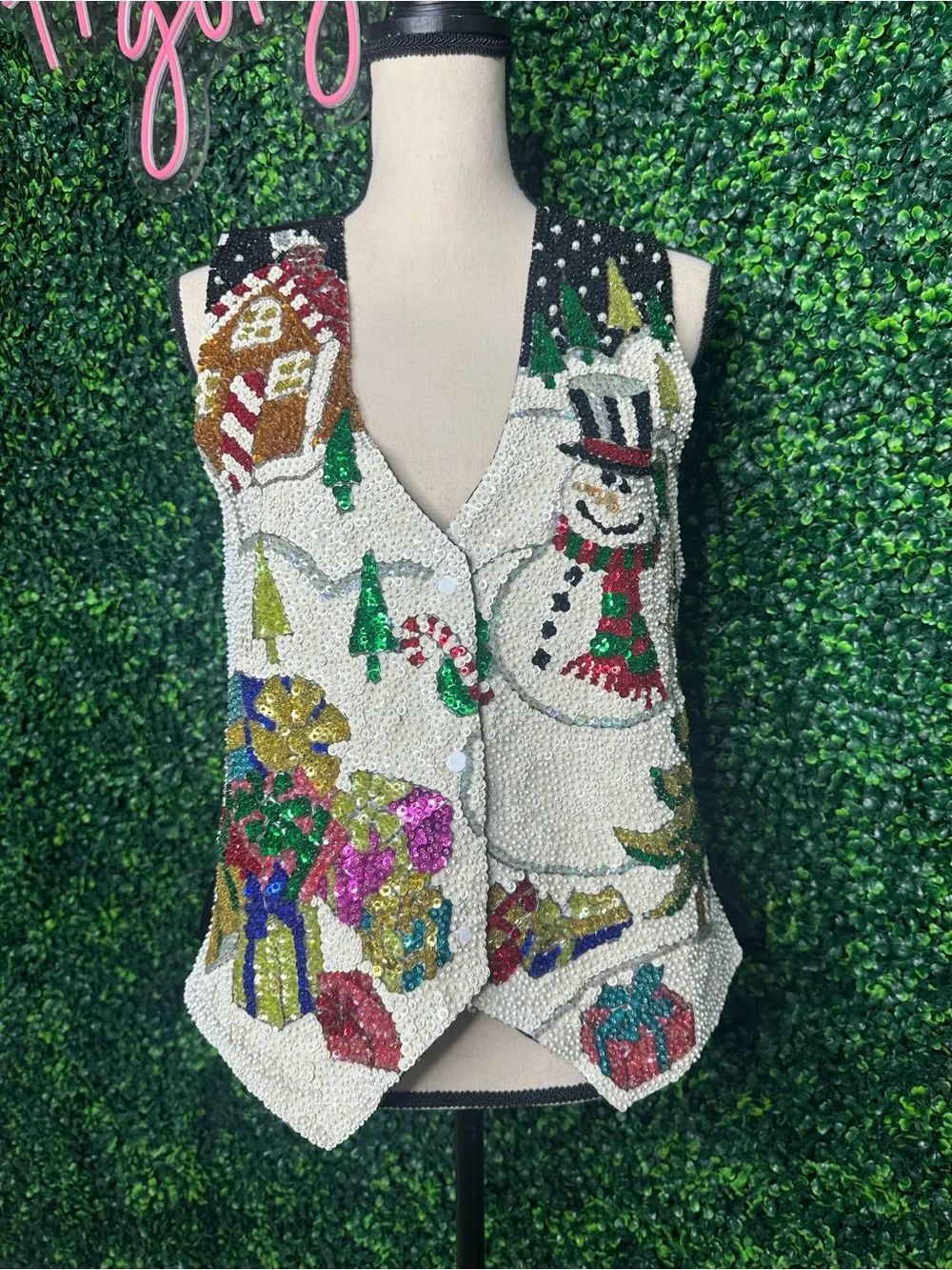 Vintage Handmade Christmas Sequin Beaded Vest M Snowman Holiday Sweater Vest